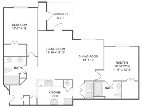 Clairmont floor plan, 2 bedrooms, 2 bathrooms, 1140-1259 square feet