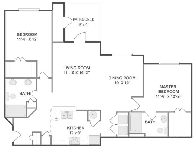 Clairmont floor plan, 2 bedrooms, 2 bathrooms, 1140-1259 square feet