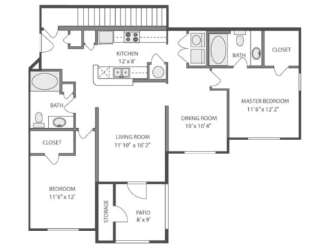 Southwind floor plan, 2 bedroom, 2 bathroom, 1140-1259 square feet