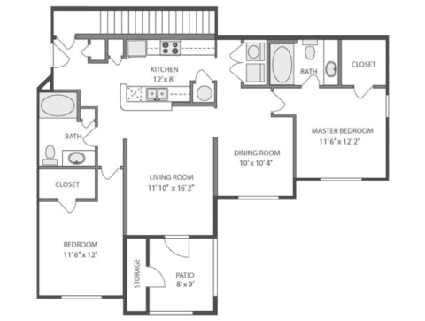 Southwind floor plan, 2 bedroom, 2 bathroom, 1140-1259 square feet