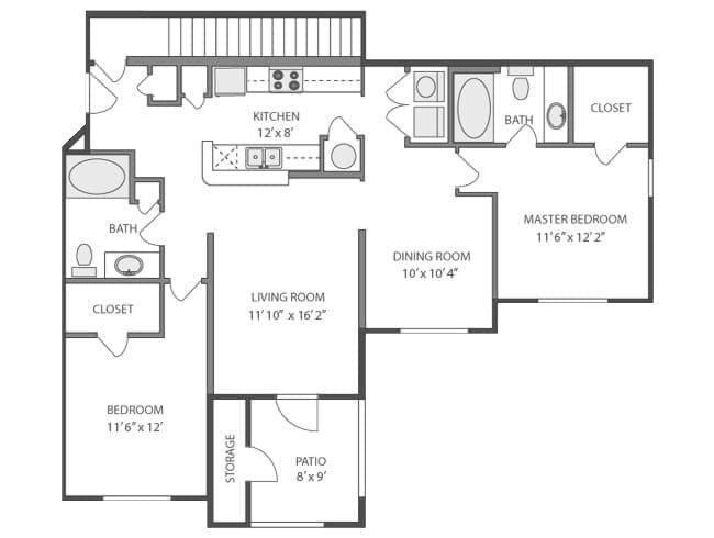 Southwind floor plan, 2 bedroom, 2 bathroom, 1140-1259 square feet