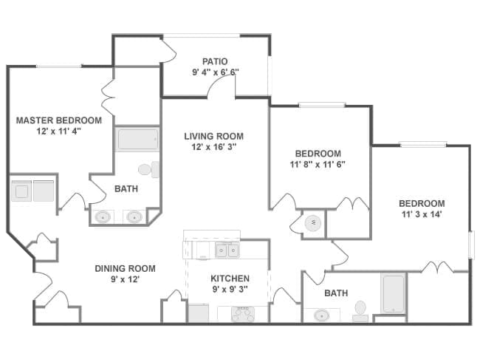 Cumberland floor plan, 3 bedroom, 2 bathroom, 1384 square feet