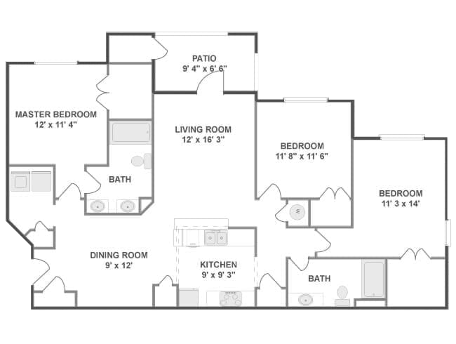 Cumberland floor plan, 3 bedroom, 2 bathroom, 1384 square feet