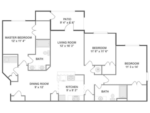 Windward floor plan, 3 bedroom, 2 bathroom, 1384 square feet