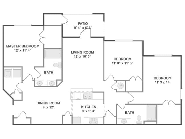 Windward floor plan, 3 bedroom, 2 bathroom, 1384 square feet