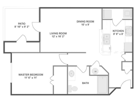A1A floor plan, 1 bedroom, 1 bathroom, 696 square feet