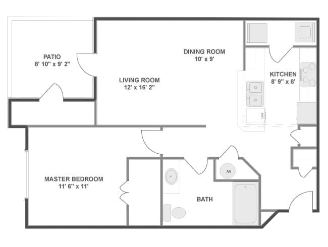 A1A floor plan, 1 bedroom, 1 bathroom, 696 square feet
