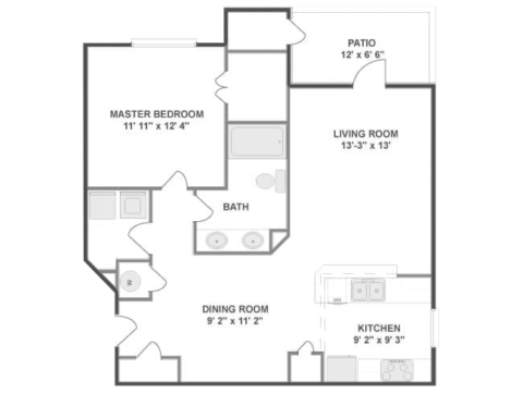 A1B floor plan, 1 bedroom, 1 bathroom, 843-952 square feet