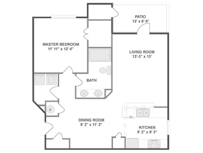 A1B floor plan, 1 bedroom, 1 bathroom, 843-952 square feet