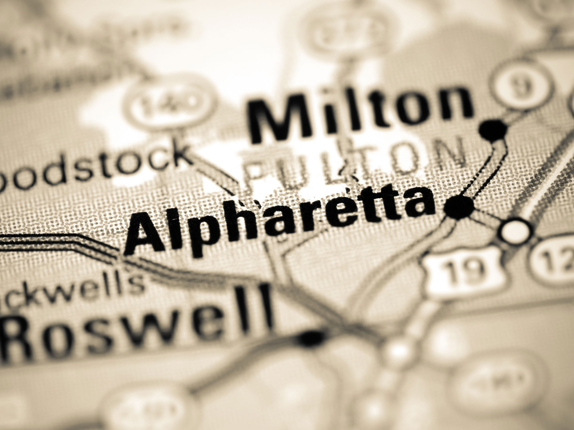 Close up of map showing Alpharetta Georgia