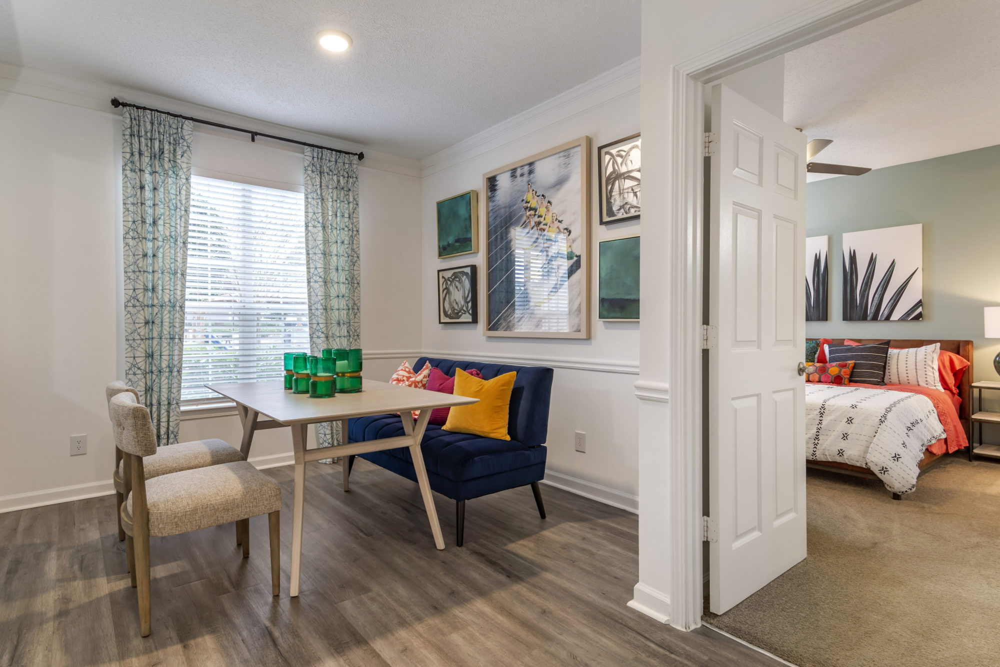 Dining room with wood style plank flooring