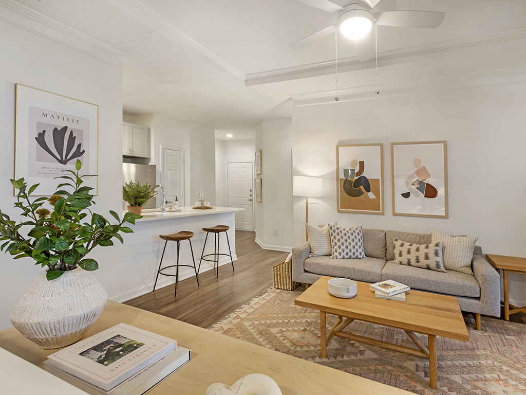 A bright living room with a gray sofa, abstract art on the wall, a wooden coffee table, a patterned rug, and a kitchen with barstools in the background. A ceiling fan and indoor plant add to the cozy decor.