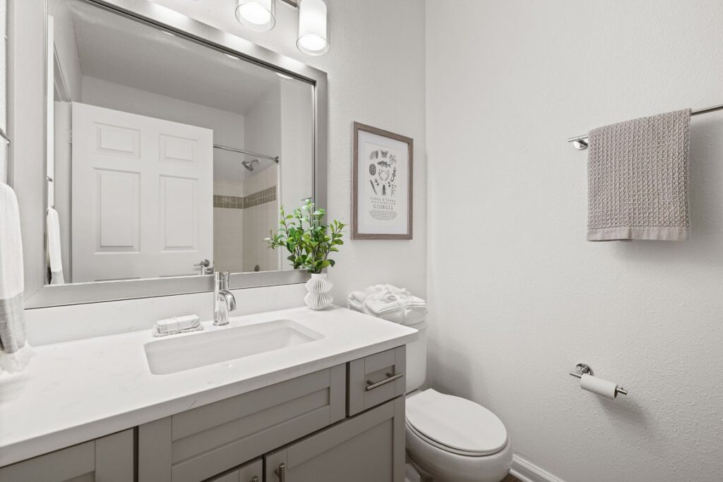 A bathroom with a gray vanity, white countertop, silver-framed mirror, toilet, and a framed Georgia-themed botanical print on the wall.